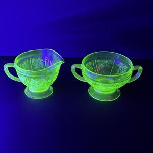 Glowing Green Uranium Glass Sharon Cabbage Rose Cream Pitcher & Sugar Set 1930s